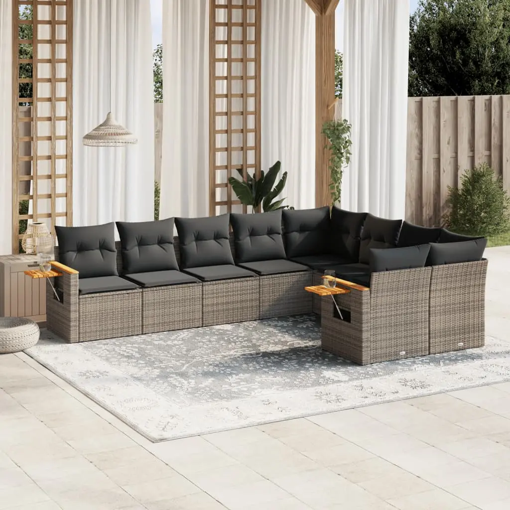 Set Divano da Giardino 9 pz con Cuscini Grigio in Polyrattan