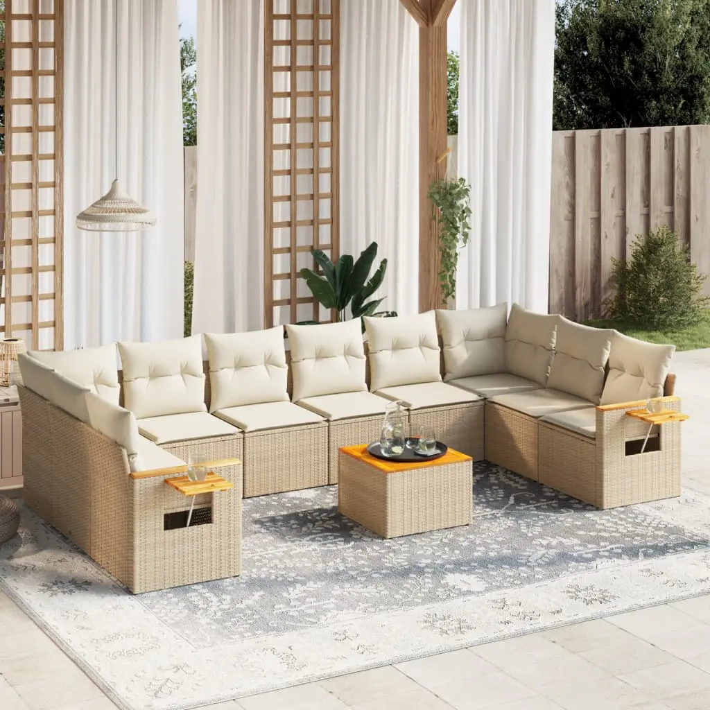 Set Divani da Giardino 11 pz con Cuscini Beige in Polyrattan