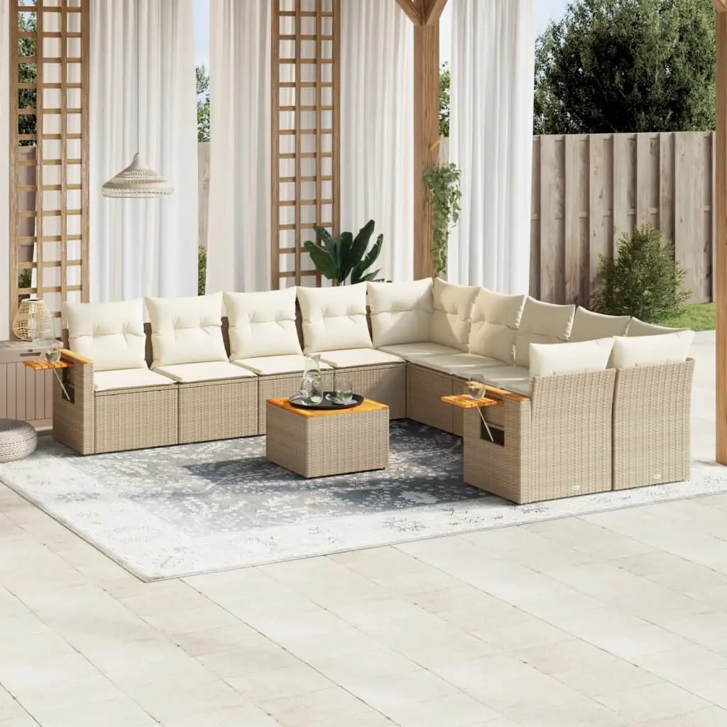 Set Divani da Giardino 11 pz con Cuscini Beige in Polyrattan