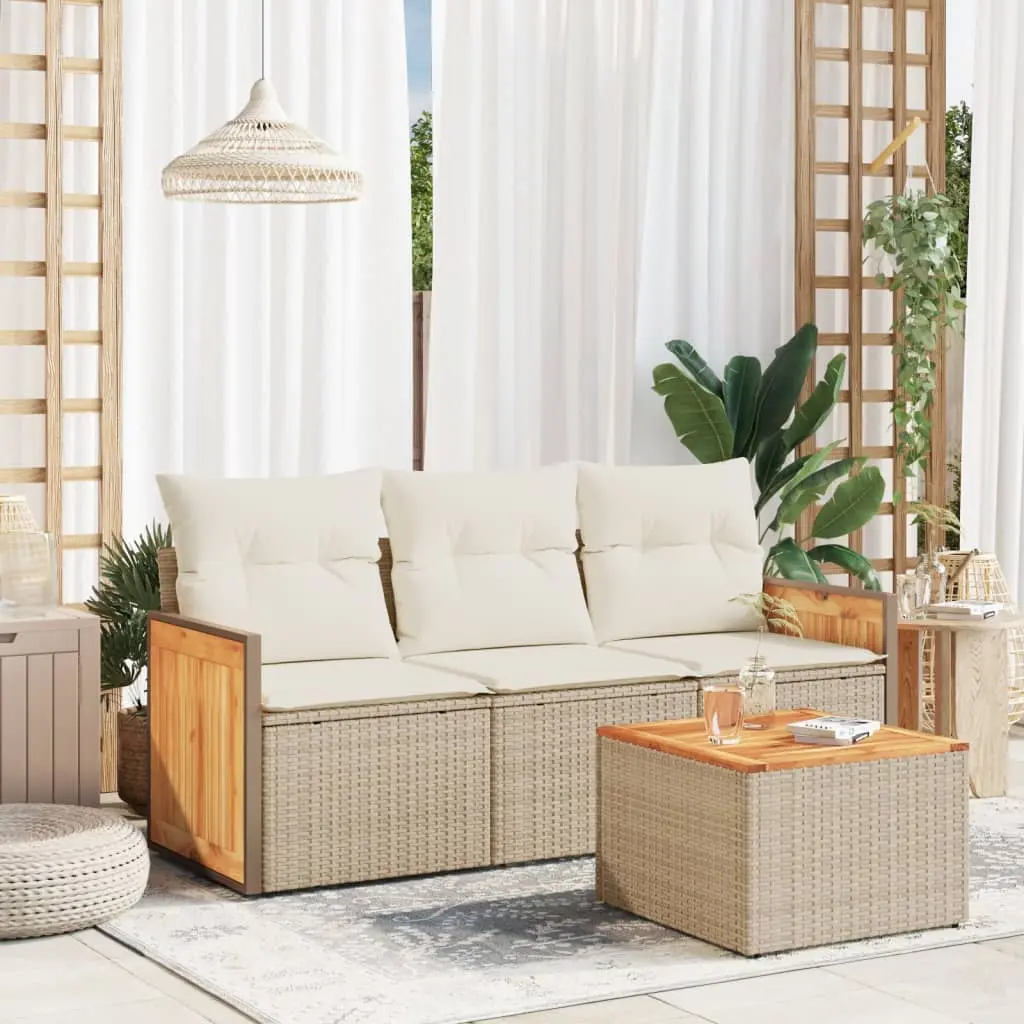 Set Divano da Giardino 4 pz con Cuscini Beige in Polyrattan