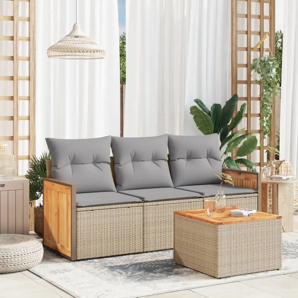 Set Divano da Giardino 4 pz con Cuscini Beige in Polyrattan