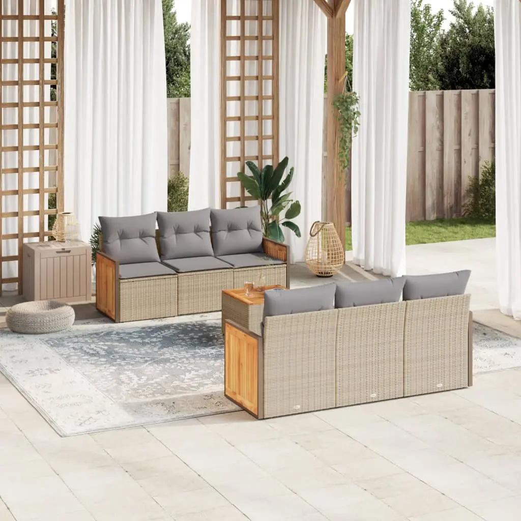 Set Divani da Giardino 7 pz con Cuscini Beige in Polyrattan