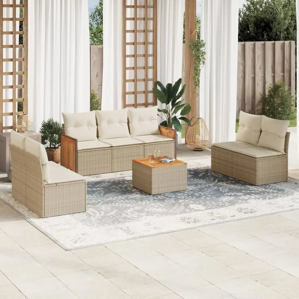 Set Divano da Giardino 8 pz con Cuscini Beige in Polyrattan