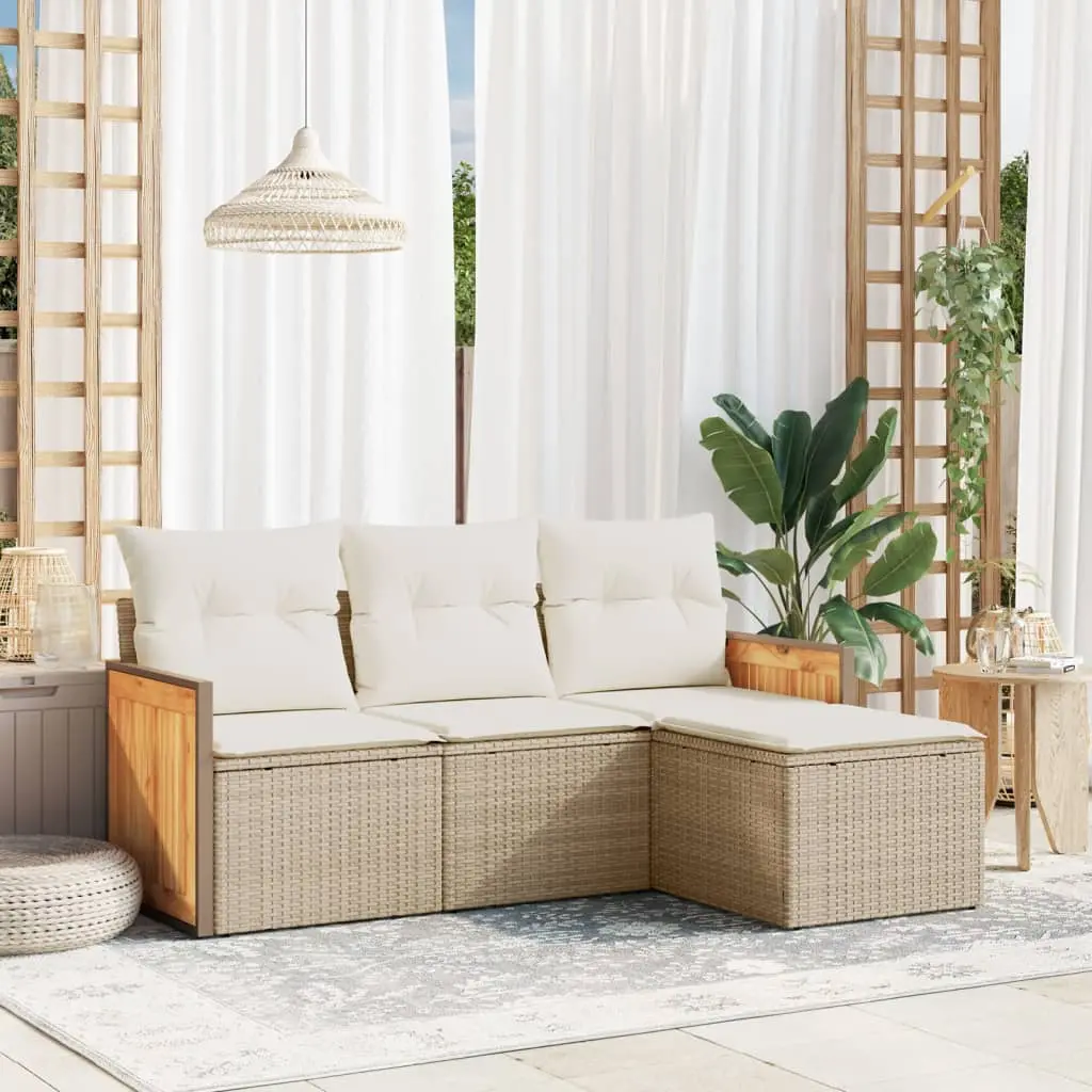 Set Divano da Giardino 4 pz con Cuscini Beige in Polyrattan