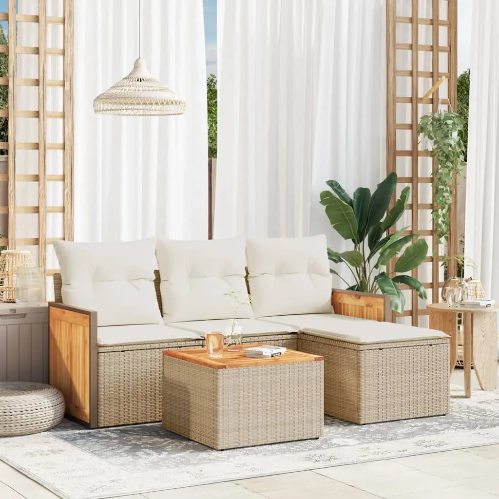 Set Divano da Giardino 5 pz con Cuscini Beige in Polyrattan