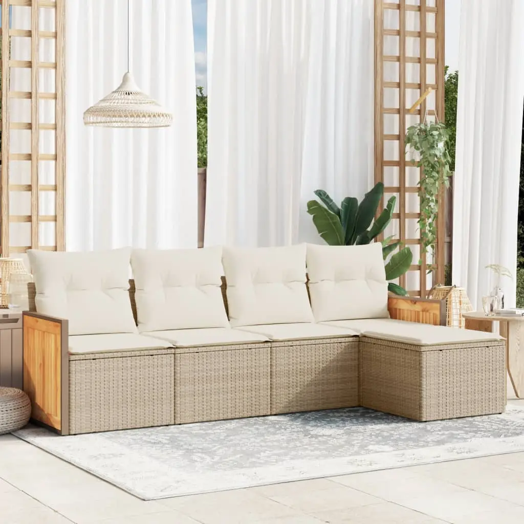 Set Divano da Giardino 5 pz con Cuscini Beige in Polyrattan