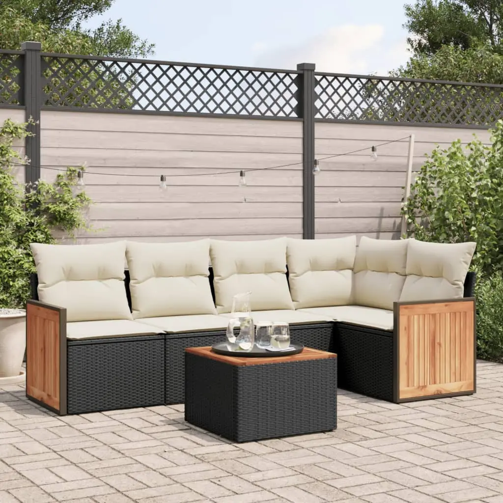 Set Divano da Giardino 6 pz con Cuscini Nero in Polyrattan