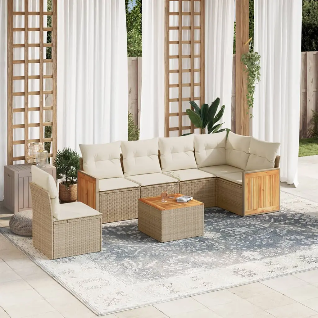 Set Divani da Giardino 7 pz con Cuscini Beige in Polyrattan