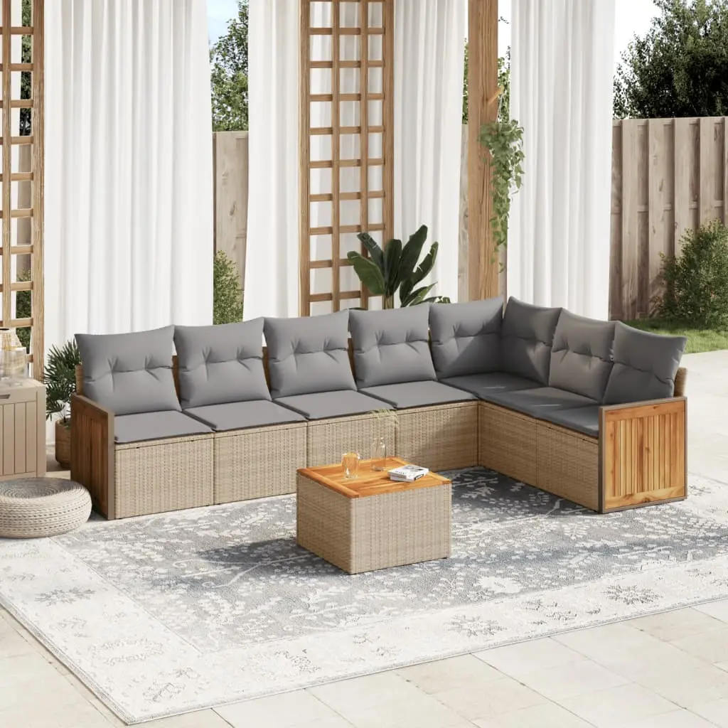 Set Divano da Giardino 8 pz con Cuscini Beige in Polyrattan