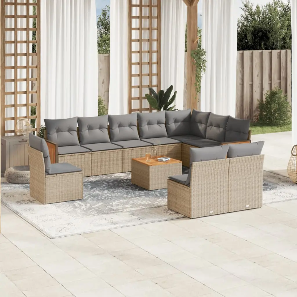 Set Divani da Giardino 11 pz con Cuscini Beige in Polyrattan