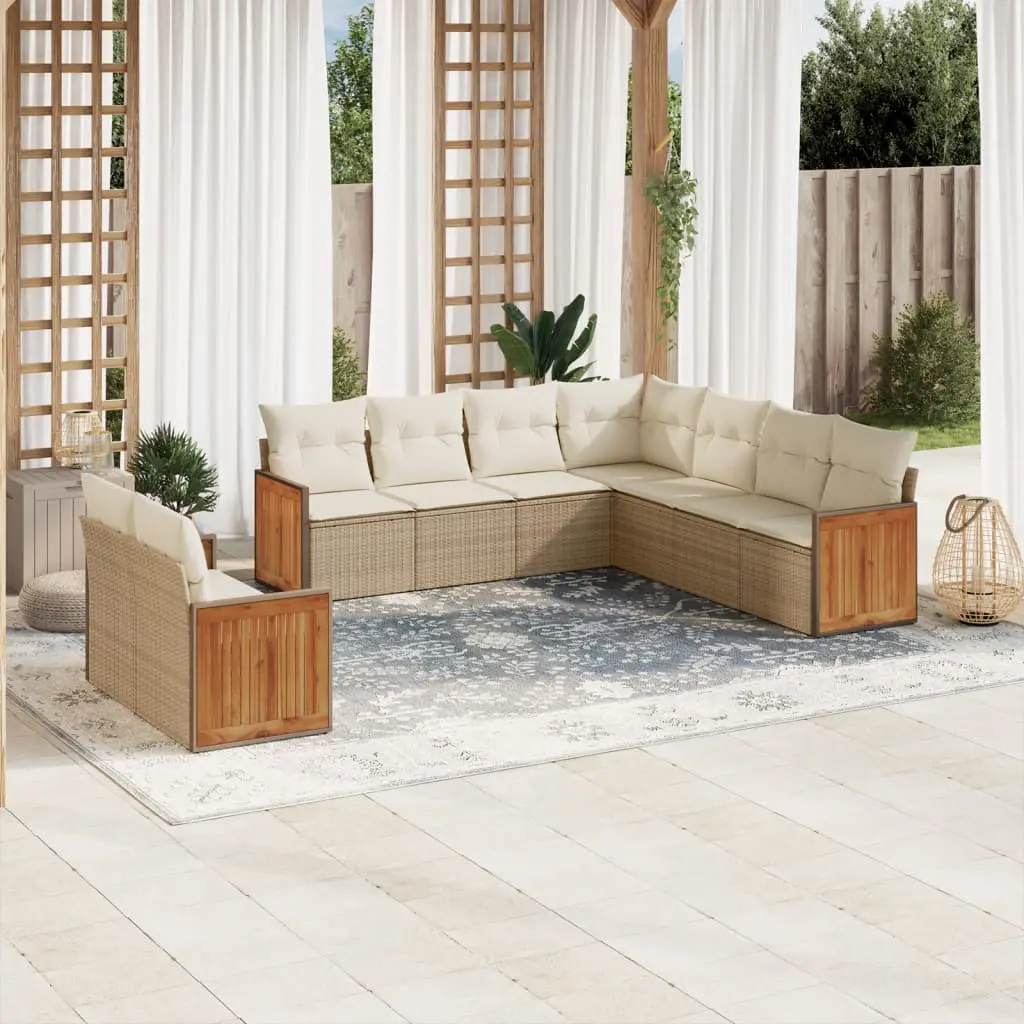 Set Divano da Giardino 9 pz con Cuscini Beige in Polyrattan