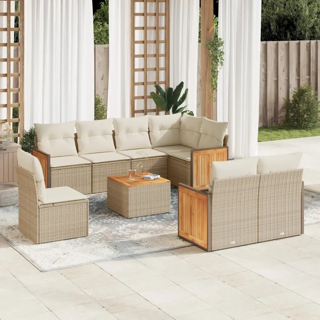 Set Divano da Giardino 9 pz con Cuscini Beige in Polyrattan