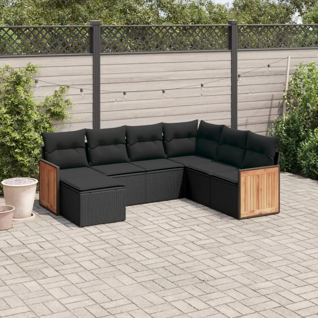 Set Divani da Giardino con Cuscini 7pz Nero Polyrattan