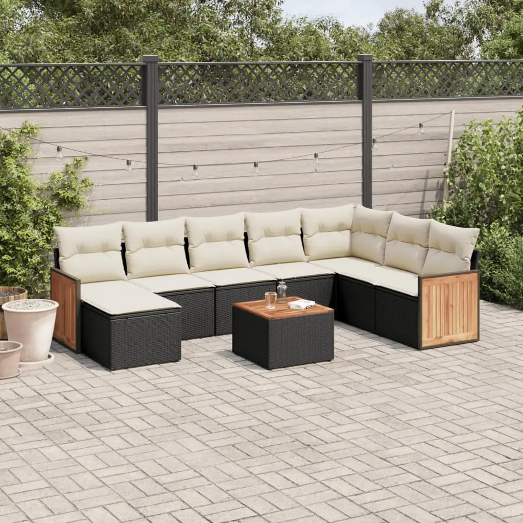 Set Divani da Giardino 9 pz con Cuscini Nero in Polyrattan