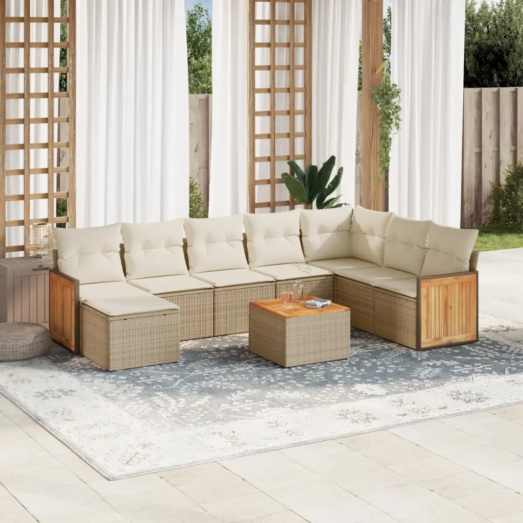 Set Divano da Giardino 9 pz con Cuscini Beige in Polyrattan