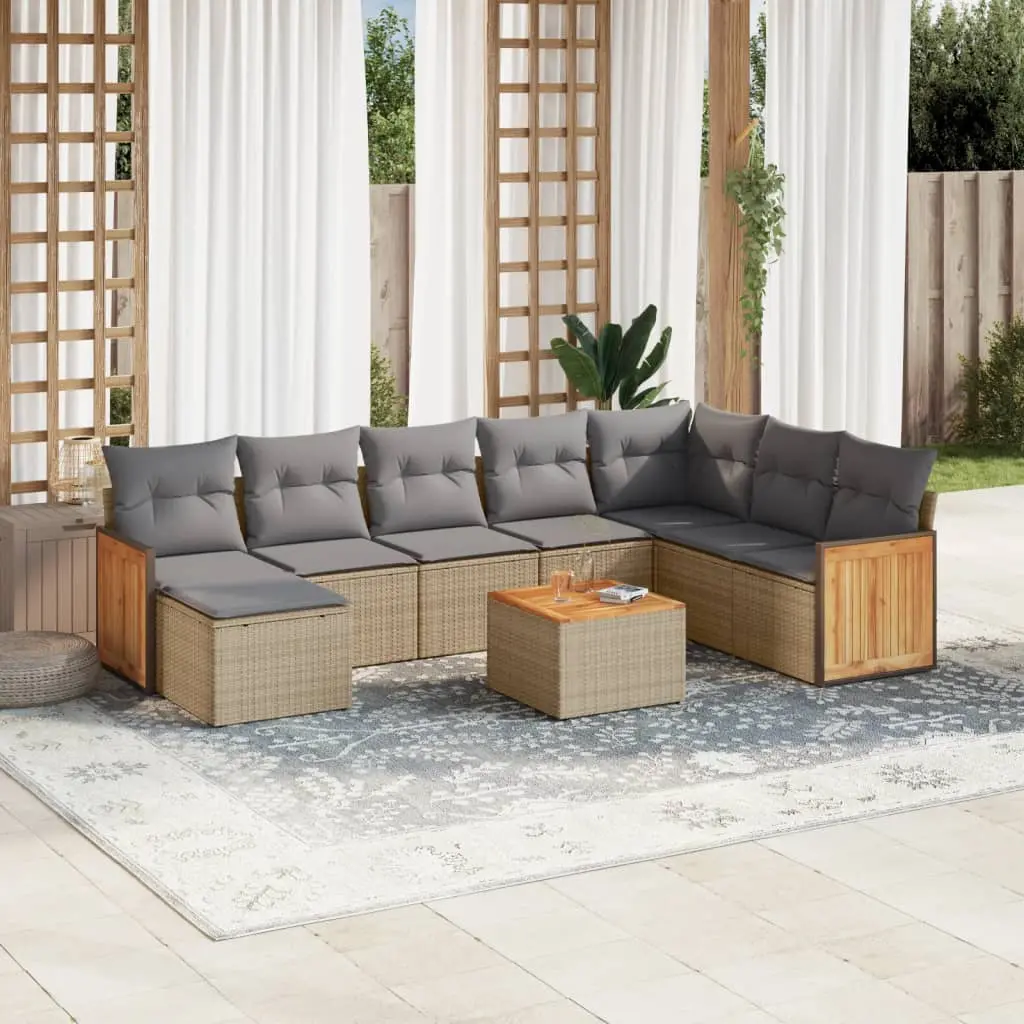 Set Divano da Giardino 9 pz con Cuscini Beige in Polyrattan