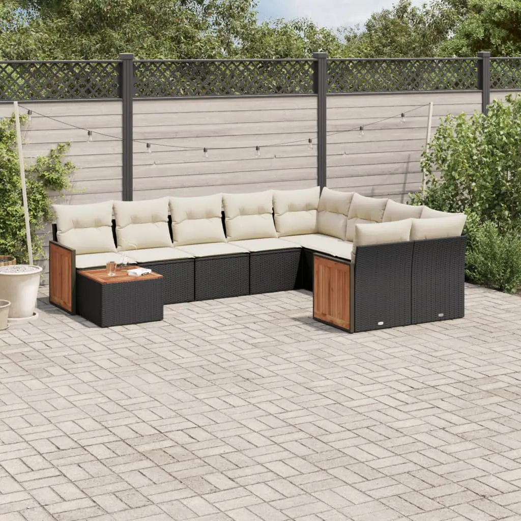 Set Divani da Giardino 10pz con Cuscini in Polyrattan Nero