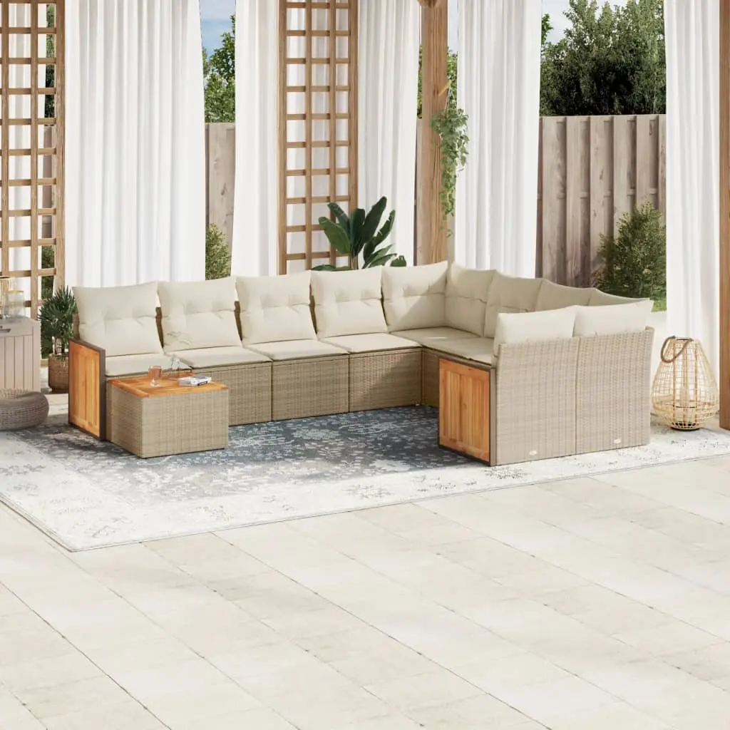 Set Divano da Giardino 10 pz con Cuscini Beige in Polyrattan