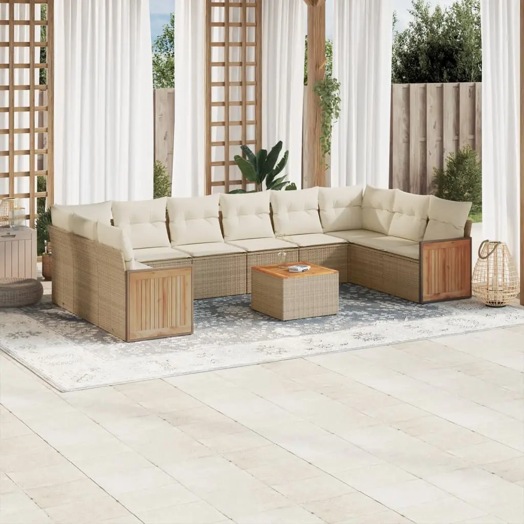 Set Divani da Giardino 11 pz con Cuscini Beige in Polyrattan