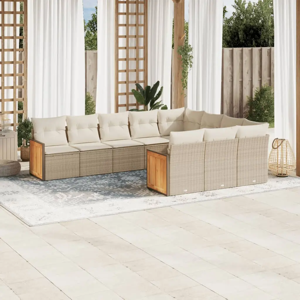 Set Divano da Giardino 10 pz con Cuscini Beige in Polyrattan