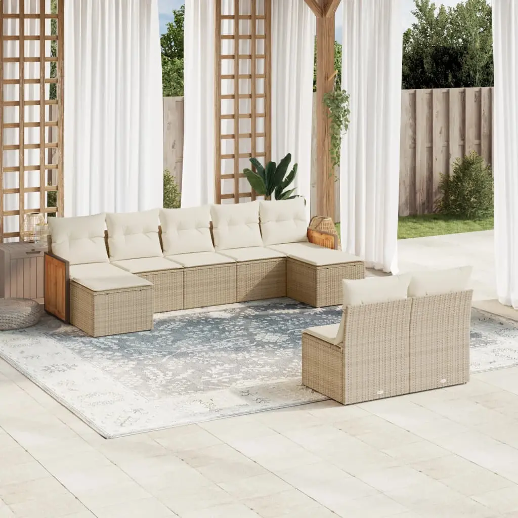 Set Divano da Giardino 9 pz con Cuscini Beige in Polyrattan