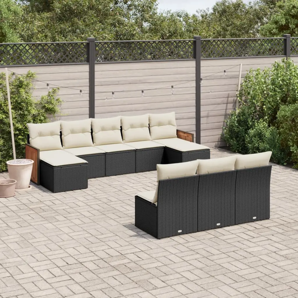 Set Divani da Giardino 10pz con Cuscini in Polyrattan Nero