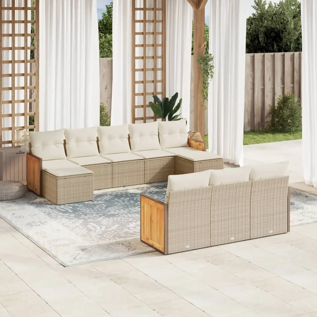 Set Divano da Giardino 10 pz con Cuscini Beige in Polyrattan