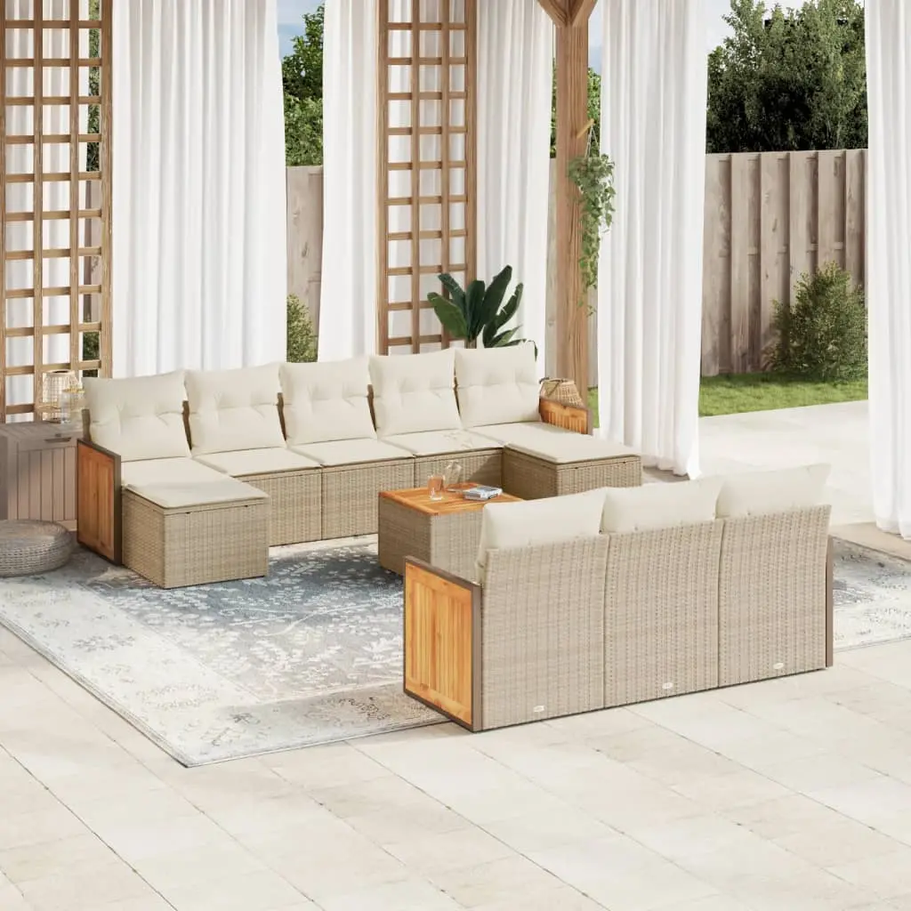 Set Divani da Giardino 11 pz con Cuscini Beige in Polyrattan