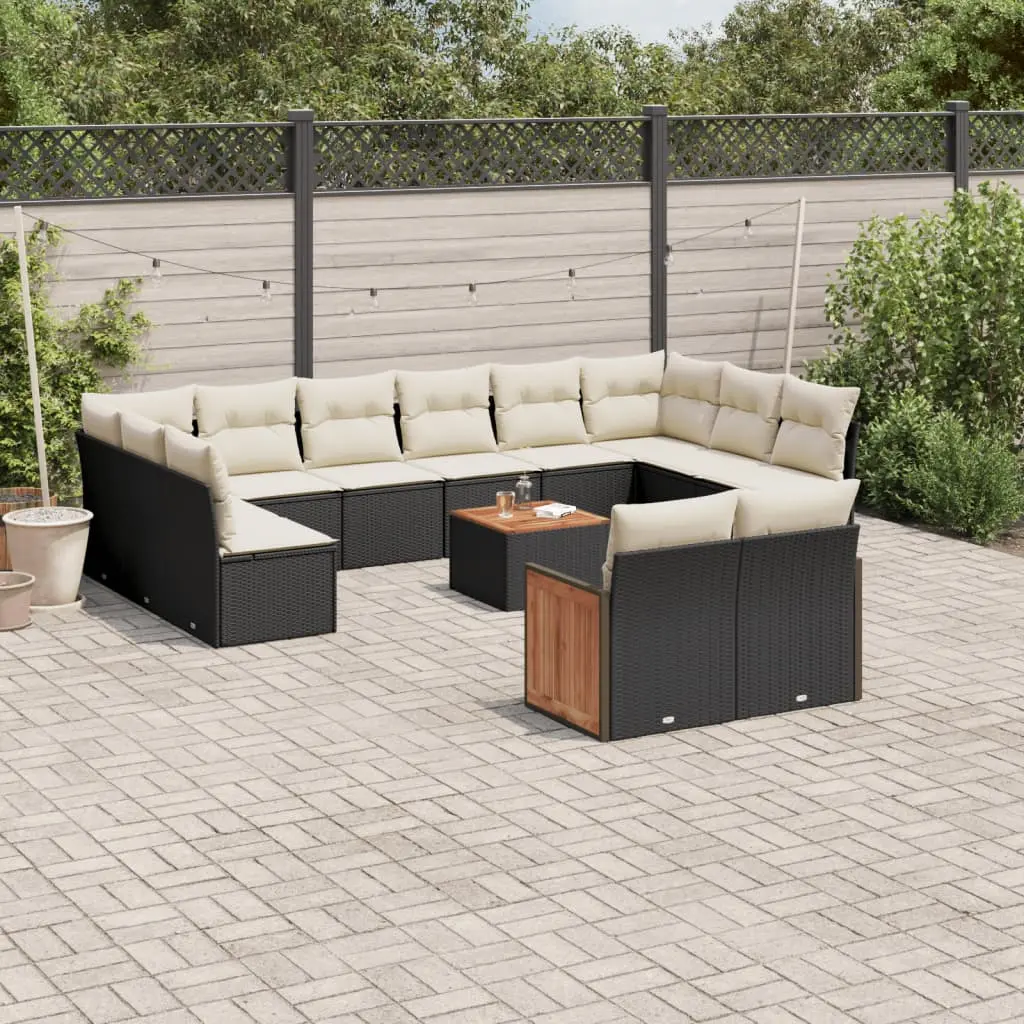 Set Divani da Giardino 13pz con Cuscini Nero in Polyrattan