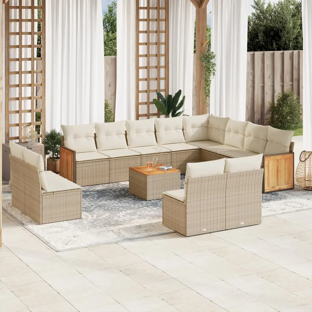 Set Divano da Giardino 13 pz con Cuscini Beige in Polyrattan