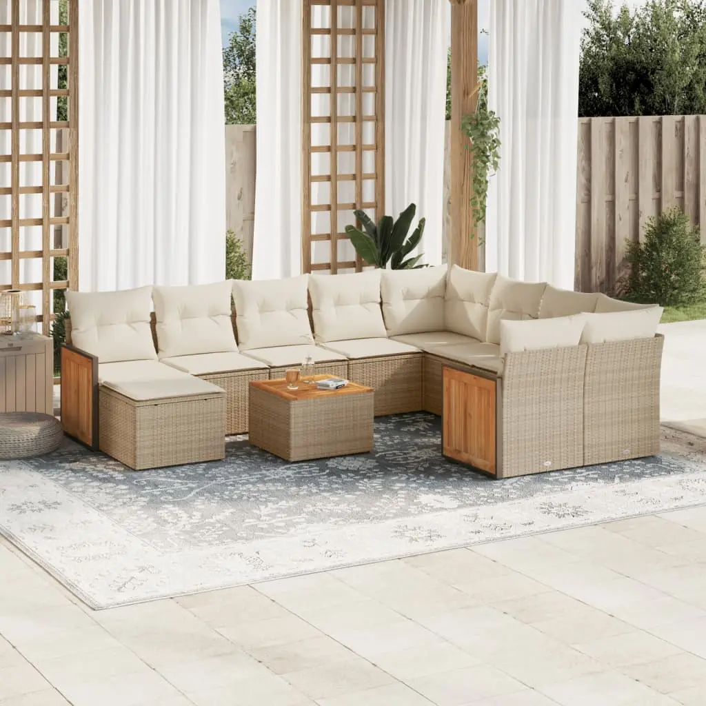 Set Divani da Giardino 11 pz con Cuscini Beige in Polyrattan