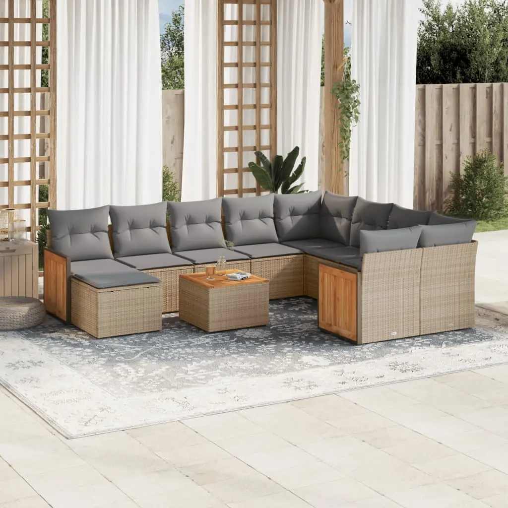 Set Divani da Giardino 11 pz con Cuscini Beige in Polyrattan