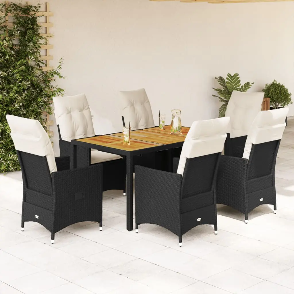 Set da Pranzo da Giardino 7 pz Nero con Cuscini in Polyrattan