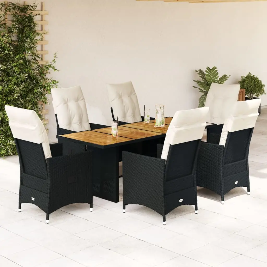 Set da Pranzo da Giardino 7 pz Nero con Cuscini in Polyrattan