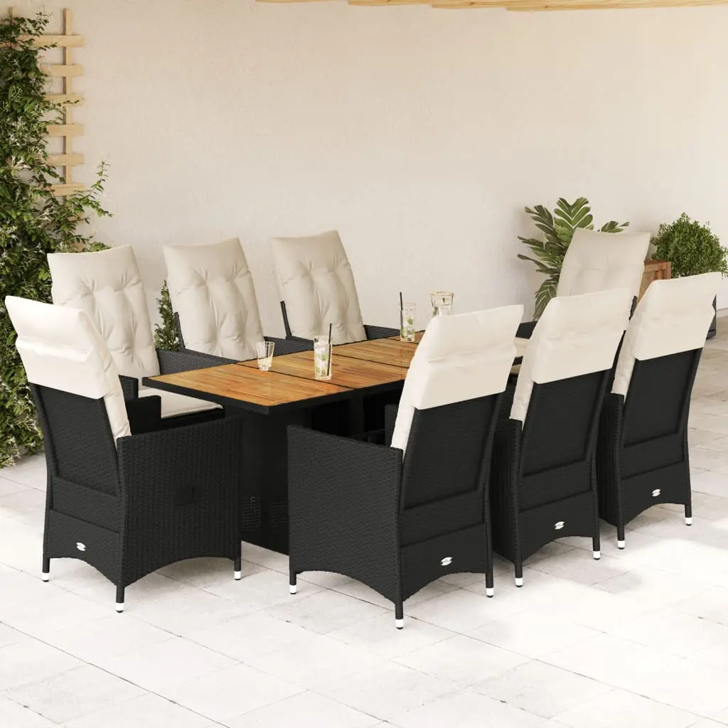 Set da Pranzo da Giardino 9 pz con Cuscini Nero in Polyrattan