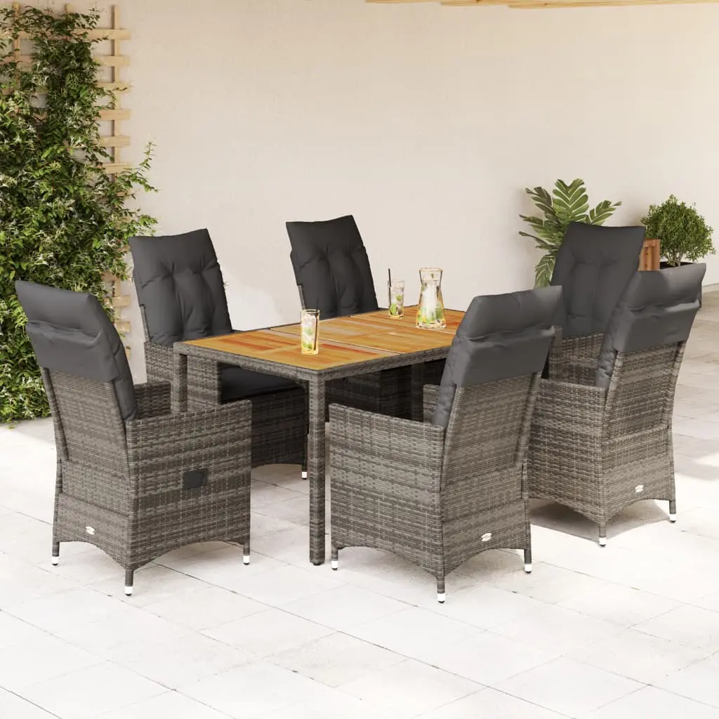 Set da Pranzo da Giardino 7 pz con Cuscini in Polyrattan Grigio