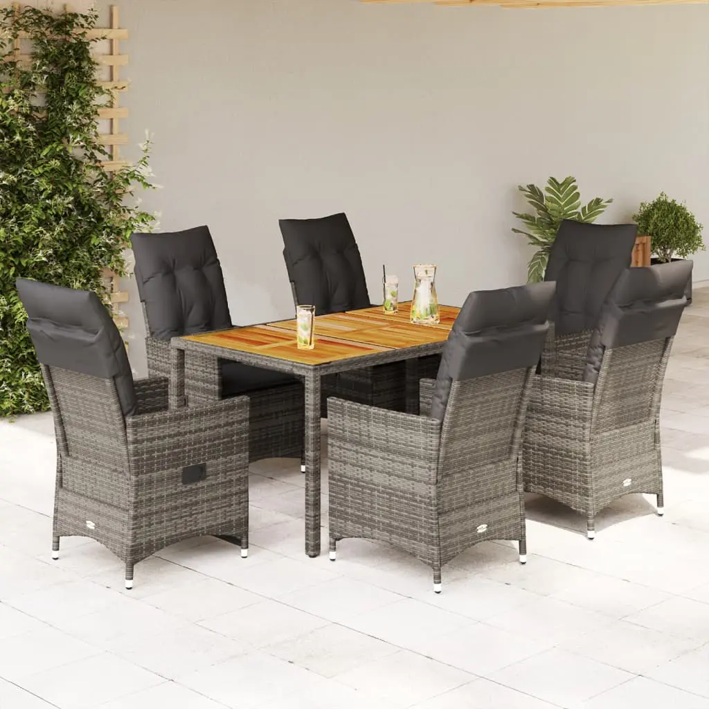 Set da Pranzo da Giardino 7 pz con Cuscini in Polyrattan Grigio