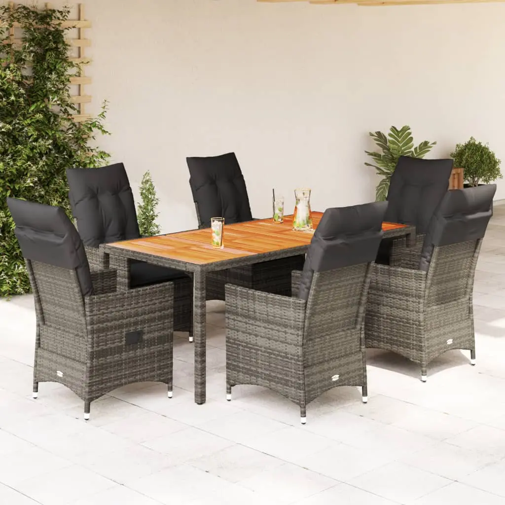 Set da Pranzo da Giardino 7 pz con Cuscini in Polyrattan Grigio