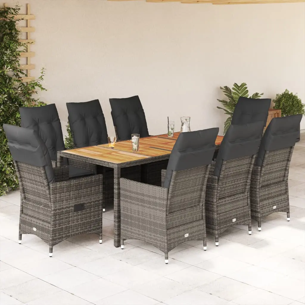 Set da Pranzo da Giardino 9 pz con Cuscini in Polyrattan Grigio