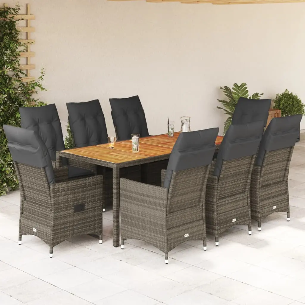 Set da Pranzo da Giardino 9 pz con Cuscini in Polyrattan Grigio