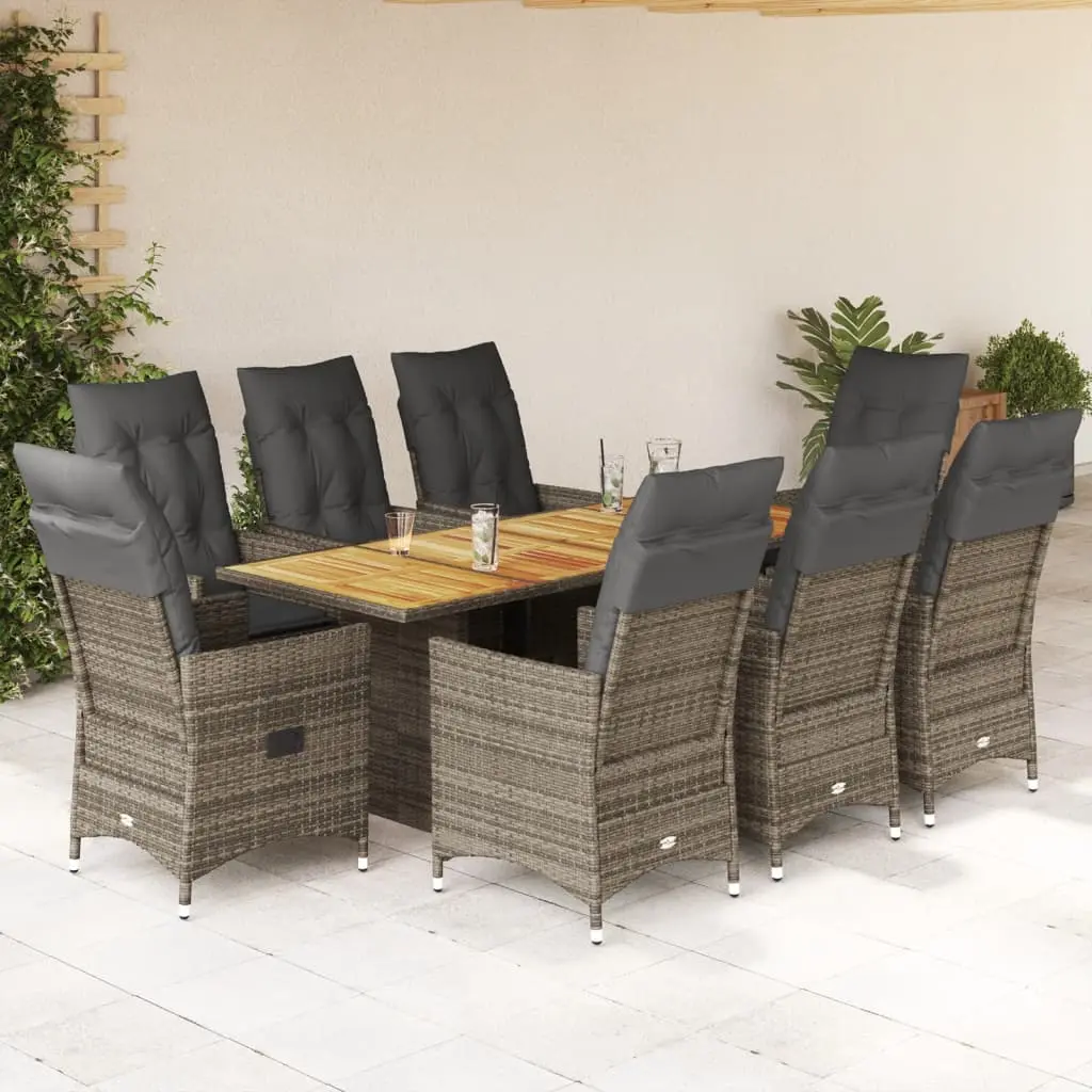 Set da Pranzo da Giardino 9 pz con Cuscini in Polyrattan Grigio