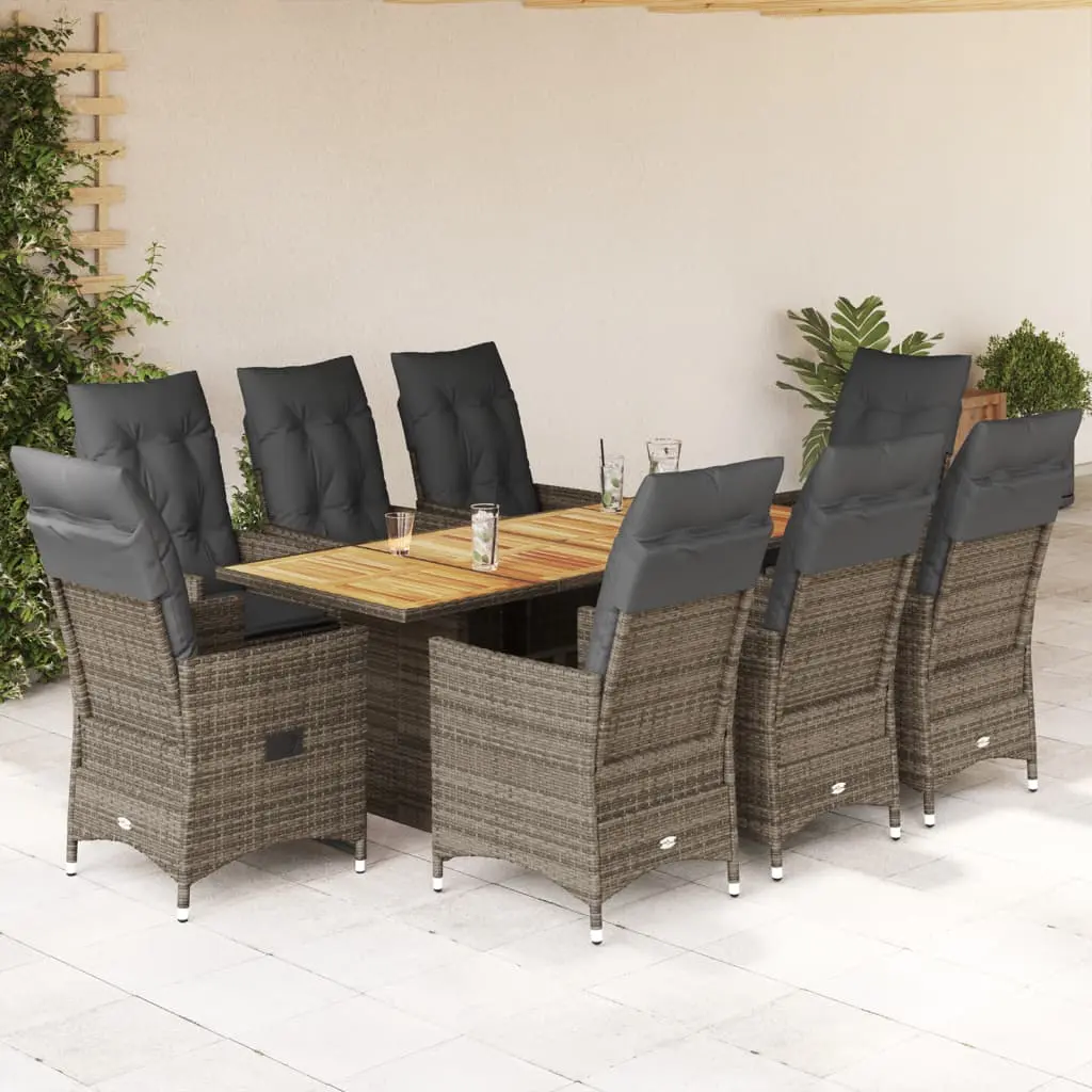 Set da Pranzo da Giardino 9 pz con Cuscini in Polyrattan Grigio