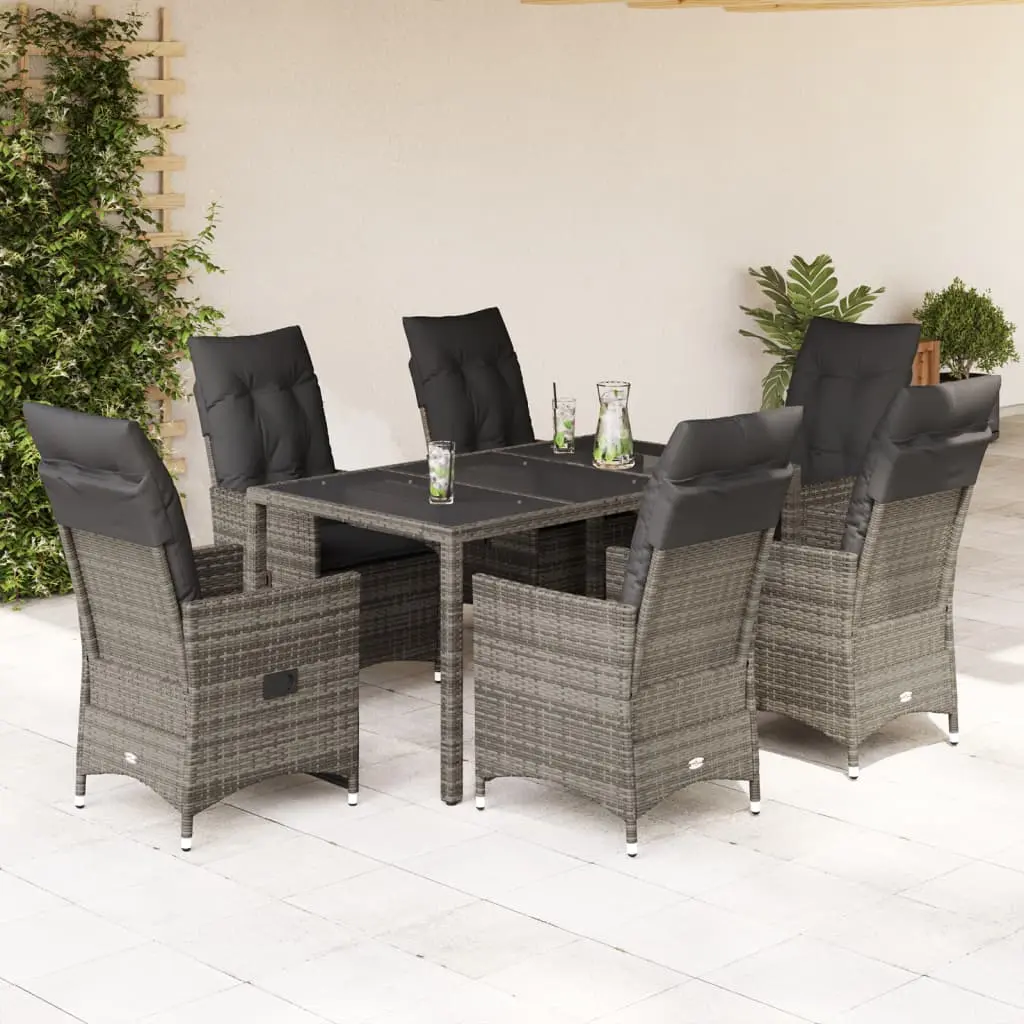 Set da Pranzo da Giardino 7 pz con Cuscini in Polyrattan Grigio