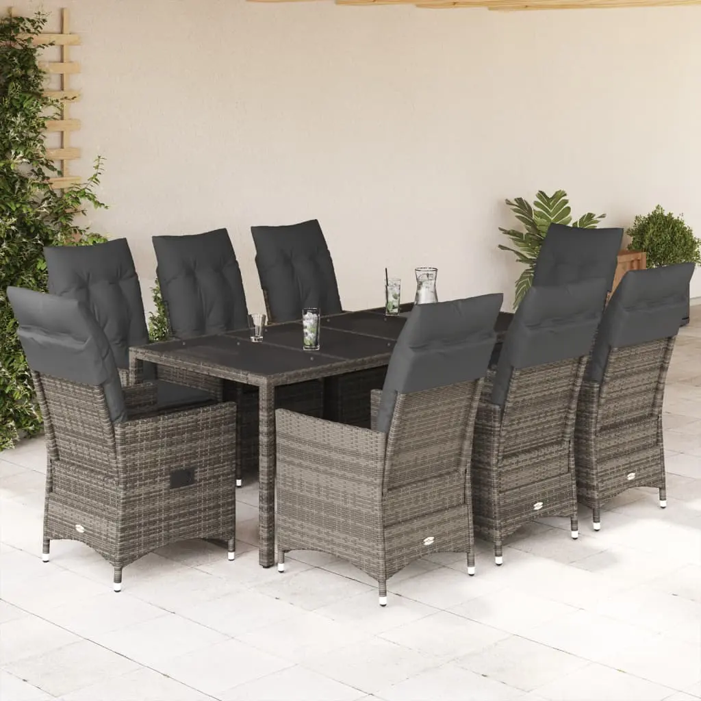 Set da Pranzo da Giardino 9 pz con Cuscini in Polyrattan Grigio