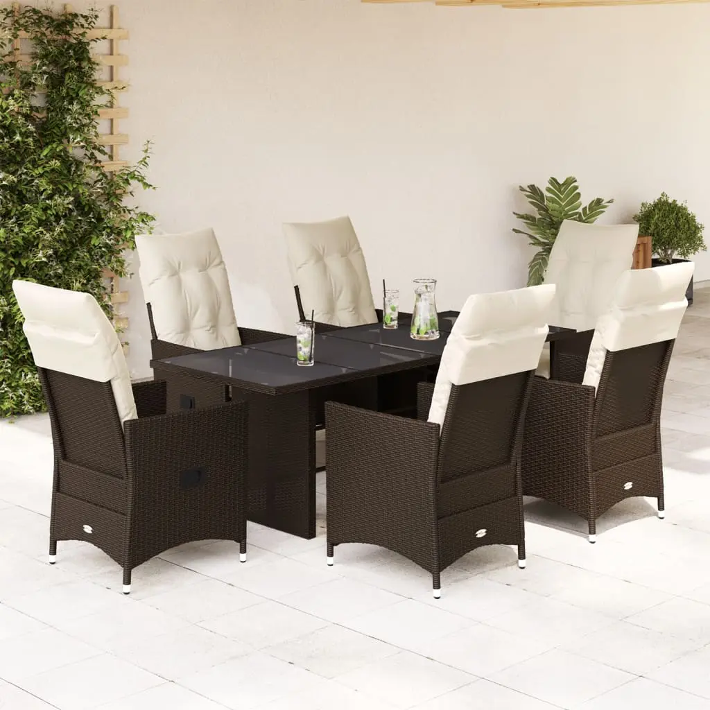 Set da Pranzo da Giardino 7pz con Cuscini in Polyrattan Marrone