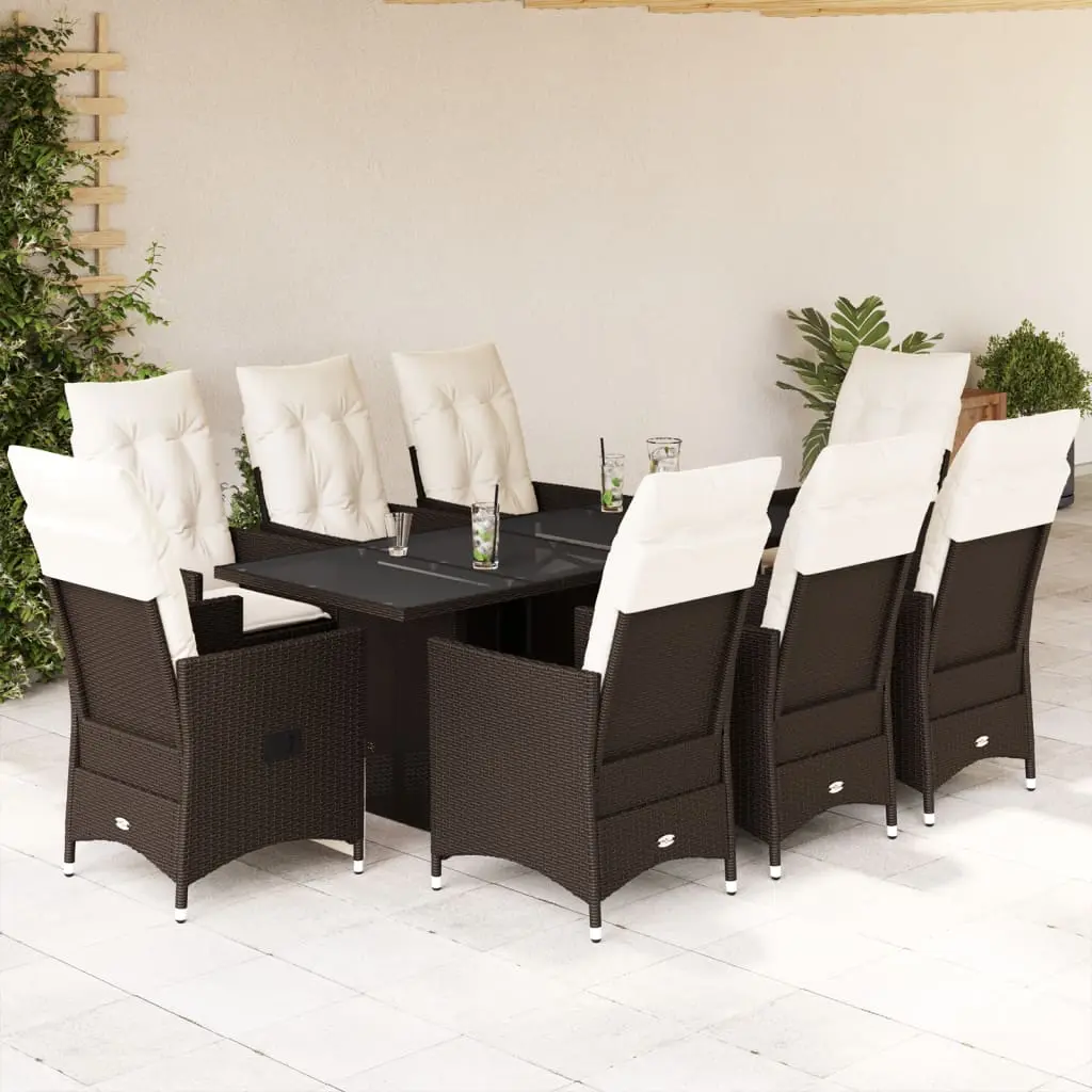 Set da Pranzo da Giardino 9pz con Cuscini Marrone in Polyrattan