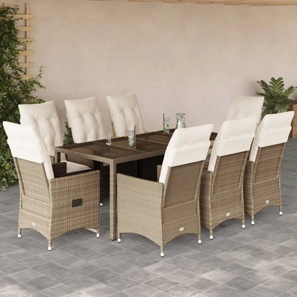 Set da Pranzo da Giardino 9 pz con Cuscini Beige in Polyrattan