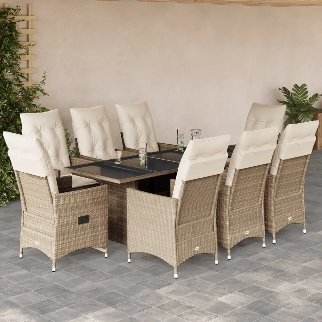 Set da Pranzo da Giardino 9 pz con Cuscini Beige in Polyrattan