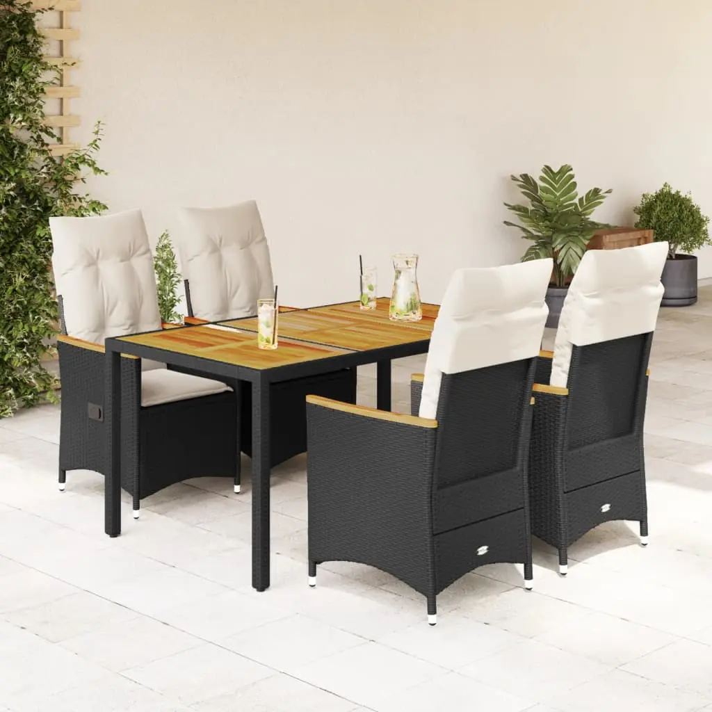 Set da Pranzo da Giardino 5 pz Nero con Cuscini in Polyrattan