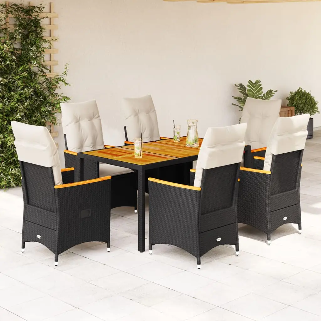 Set da Pranzo da Giardino 7 pz Nero con Cuscini in Polyrattan